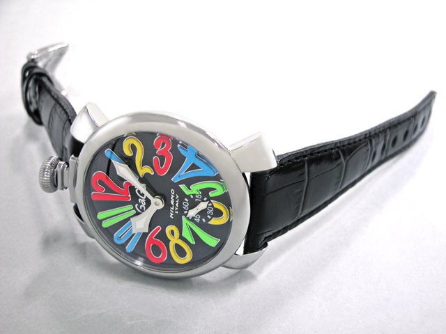 ガガ?ミラノ マニュアル48mm 手巻き 5010.2 ブラック皮 ブラック/マルチカラーアラビア